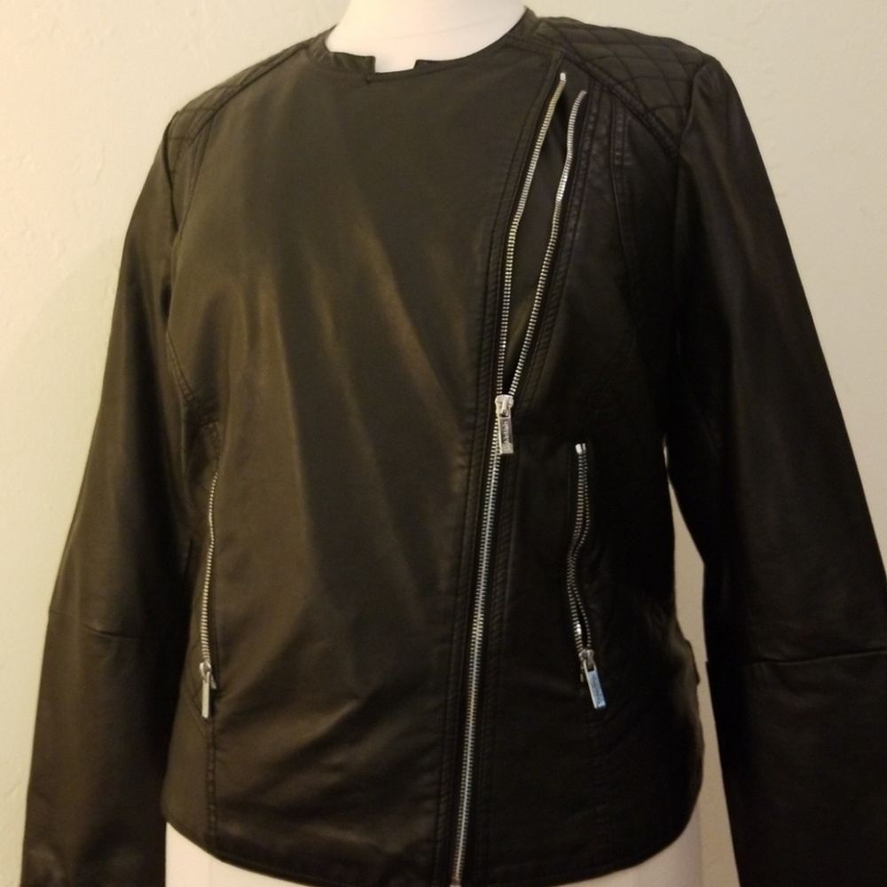 Calvin Klein faux-leather moto jacket plus size - Picture 3 of 8